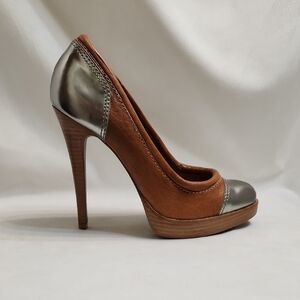 Tory Burch Nova All Leather Brown Silver Platform Pump Heels (W Size 9)